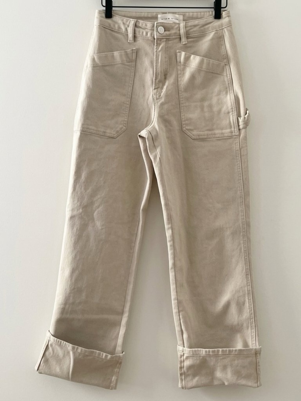 Risen Jeans High Rise Cuffed Patch Pocket Utility Jeans Beige Tan Denim Size 26